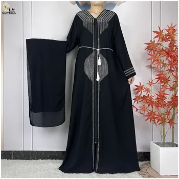 2024 Muslim Abaya For Women Long Sleeved Chiffon Diamonds Loose Fit Femme Robe Islam Maxi Dubai Fashion Party Dresses With Scarf 1