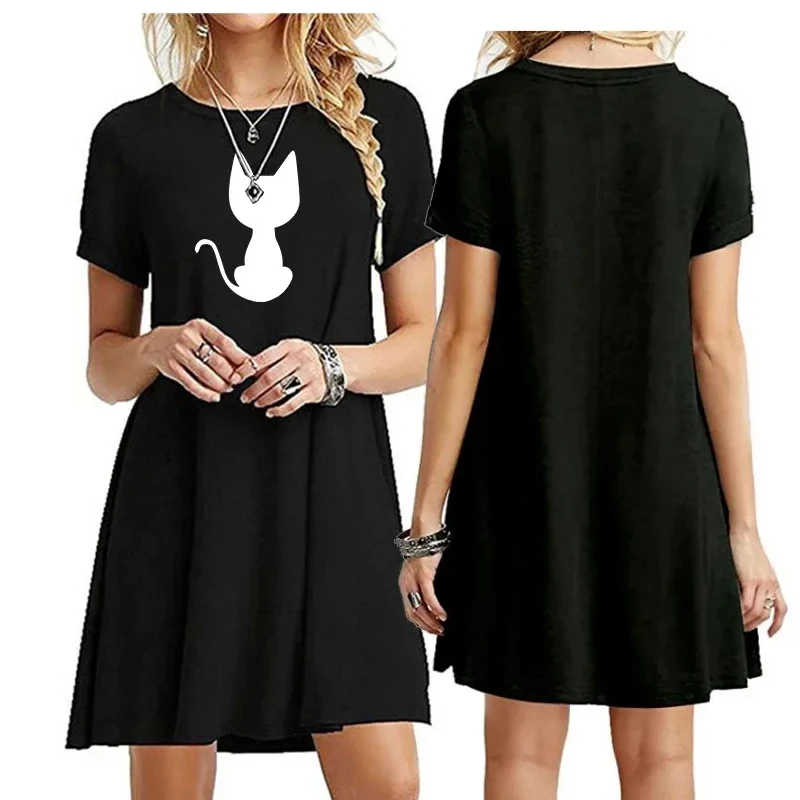 

Summer T-Shirt Dress Casual Loose Cute Cat Printing Dresses Women Y2k Fashion Classic Pullover Short Sleeves Beach Dress Female