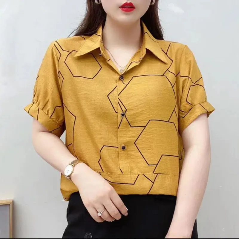 Casual Turn-down Collar Blouse Summer Loose Single-breasted Female Clothing Fashion Geometric Printed Commute All-match Shirt