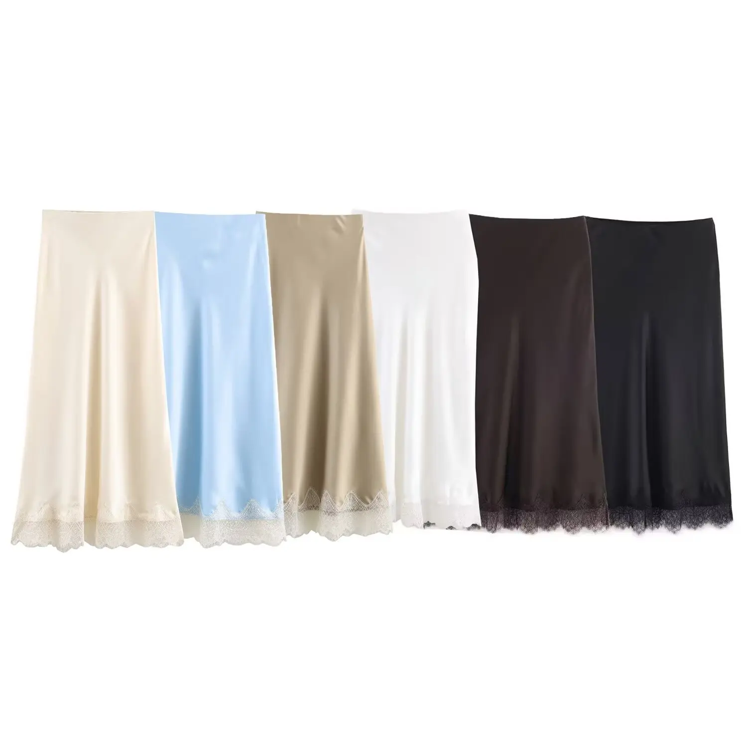 Women Satin Lace Half-Length Skirt Female Spring Summer Midi Skirt Fashion Girl Long Skirt A- Line Lace Skirt Office Lady Skirt