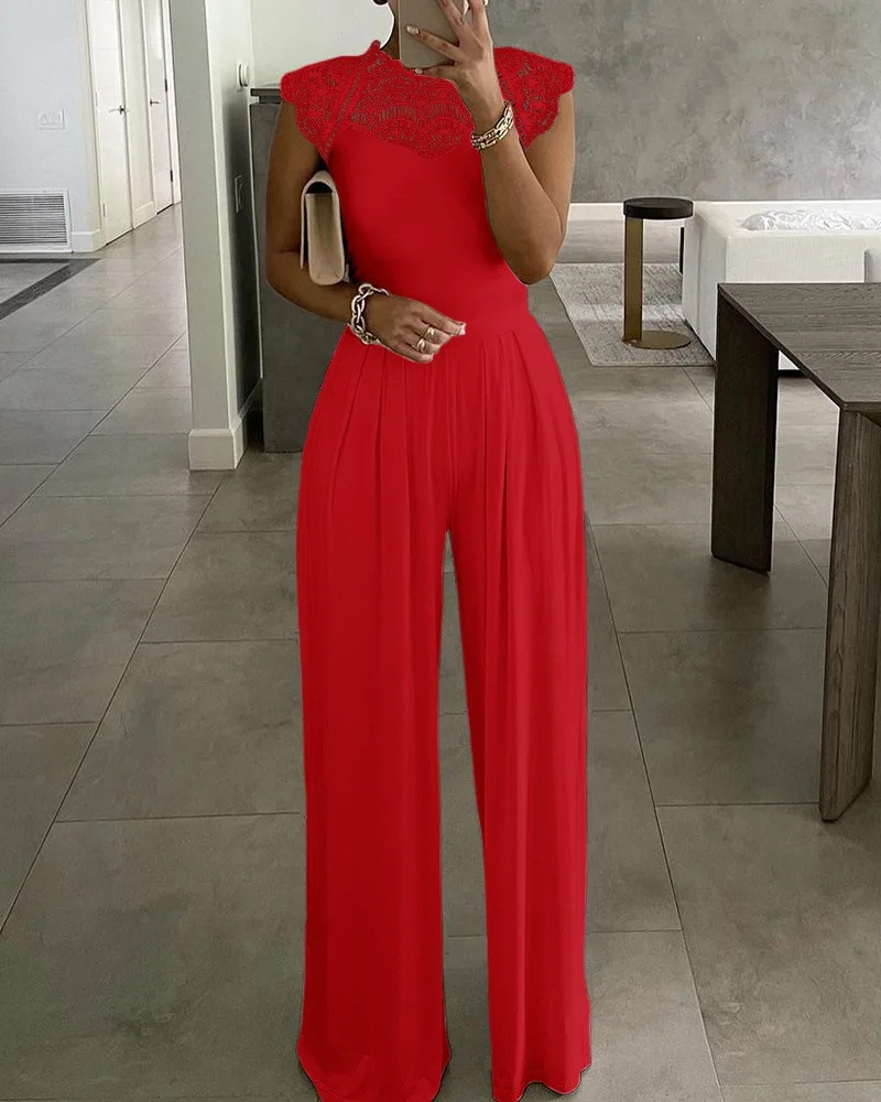 White Jumpsuit Women Spring 2023 Fashion Office Lady Jumpsuit Lace Collar Crew Neck Solid Color Jumpsuits