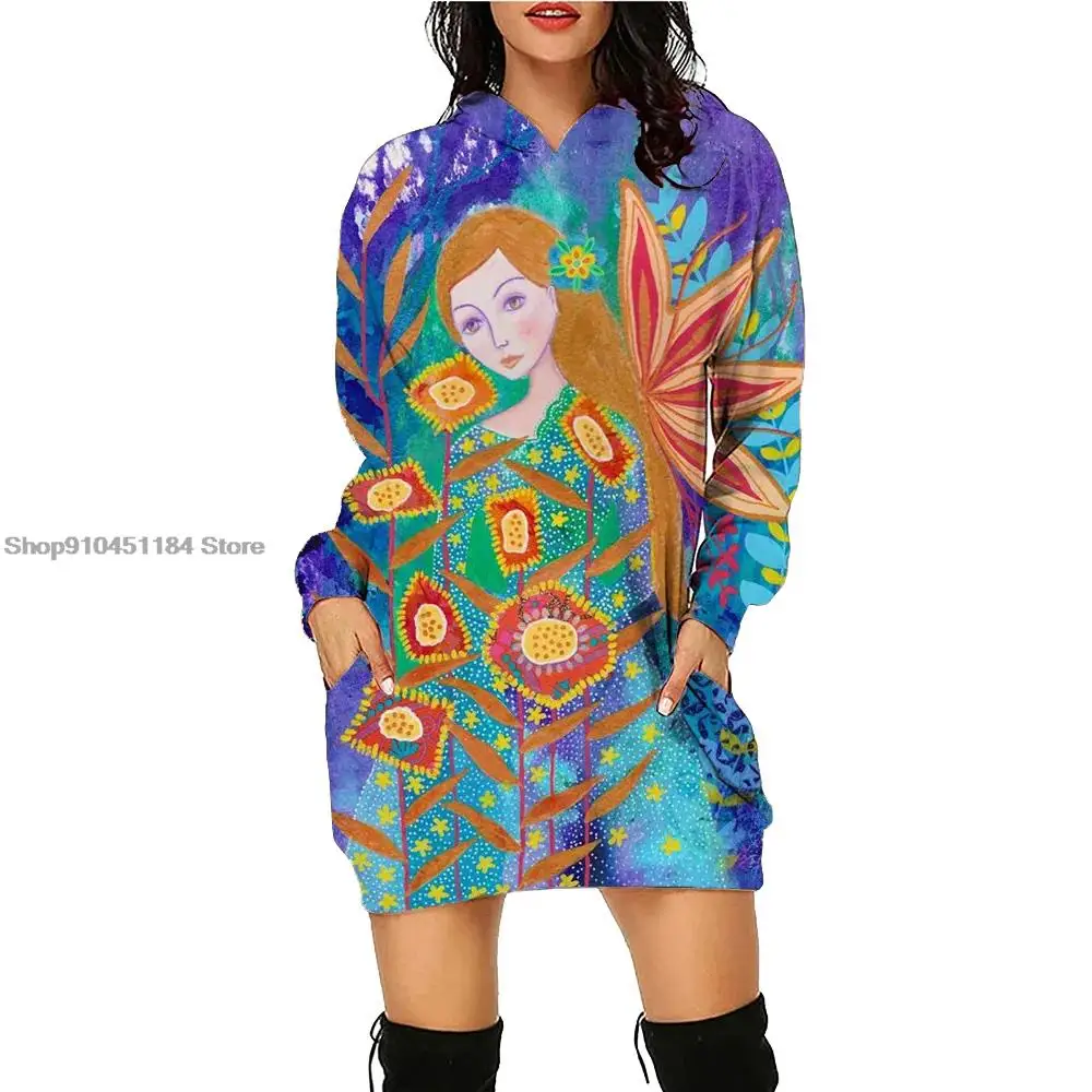 Women Oil Painting Print Loose Pocket  Hooded Dress Winter Loose Tees Winter Fall Hooded Vacation Clothing  Hooded Dress