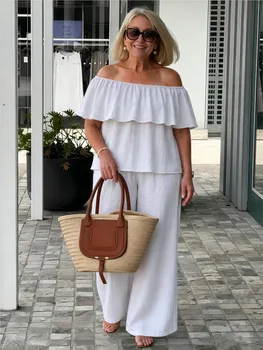 Fashion Elegant  Holiday Woman 2 Piece Set Outfit Summer One-shoulder Ruffle Top Wide-leg Pants Casual Vacation Two-piece Set 1