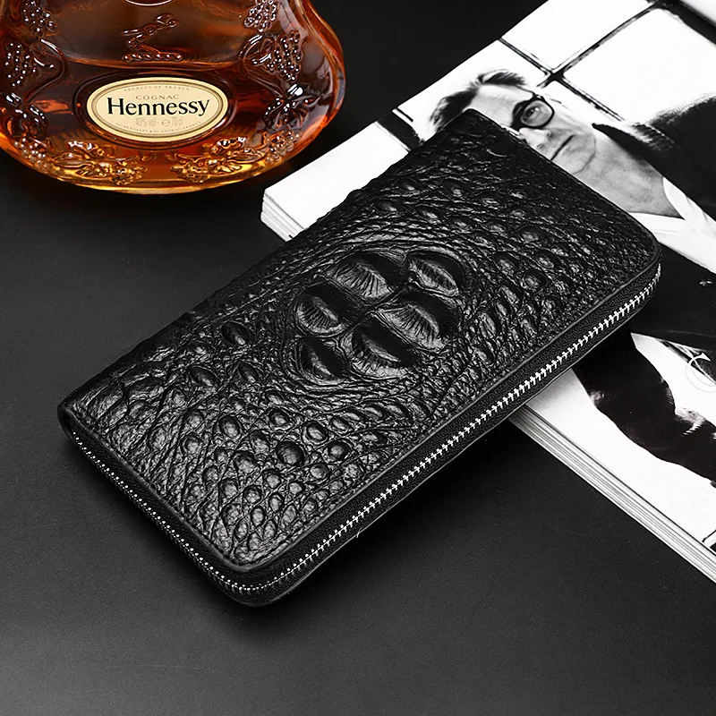 Portefeuille en cuir véritable pour hommes d'affaires, pochette à fermeture éclair, mode Long motif Crocodile, sac à main en cuir de vache, porte-cartes