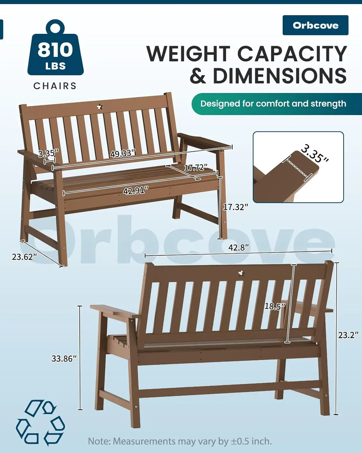 2-Person Garden Bench, HDPE Patio Bench Weatherproof, Durable Porch Bench for Patio, Backyard, Porch, and Park