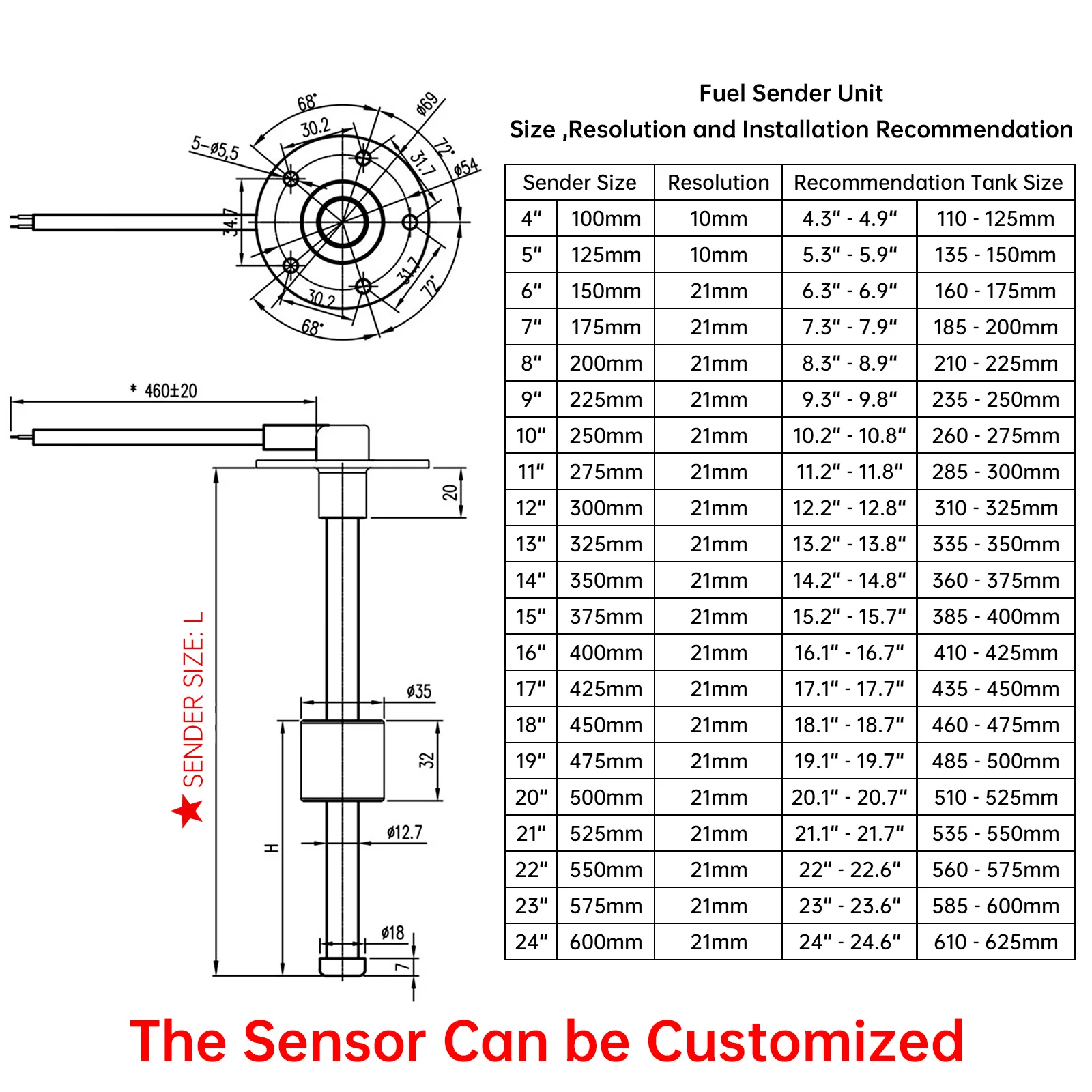 Medidor de Nível de Água, Sensor de Nível de Combustível, 0-190 ohm, 240-33ohm, 125mm, 150mm, 200mm, 250mm, 600mm, barco marinho, carro, caminhão