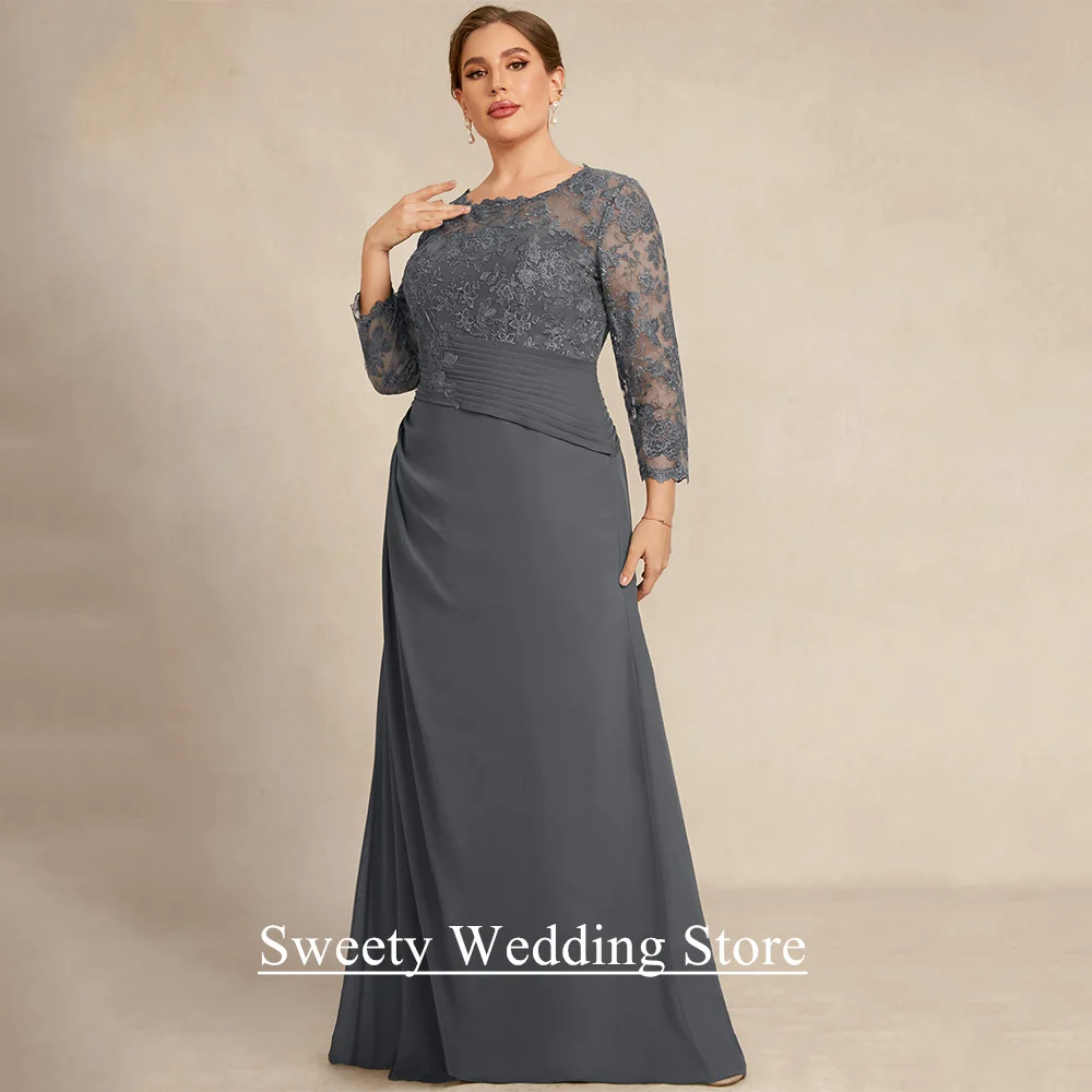 Grey Mother of Bride Dress Plus Size Scoop 3/4 Sleeves Pleat Applique Chiffon A Line Wedding Guest Gown