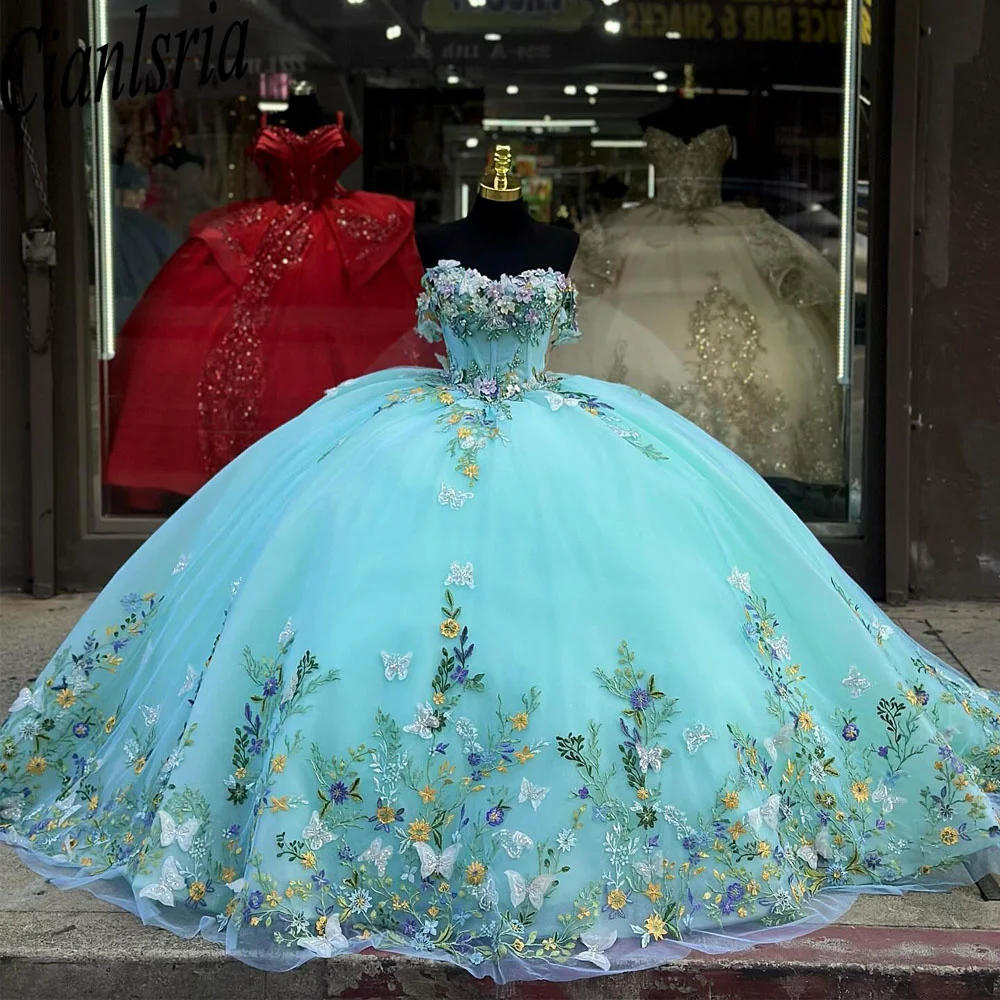 

Water Blue Quinceanera Dresses Ball Gown Off The Shoulder Tulle Appliques Puffy Mexican Sweet 16 Dresses 15 Anos