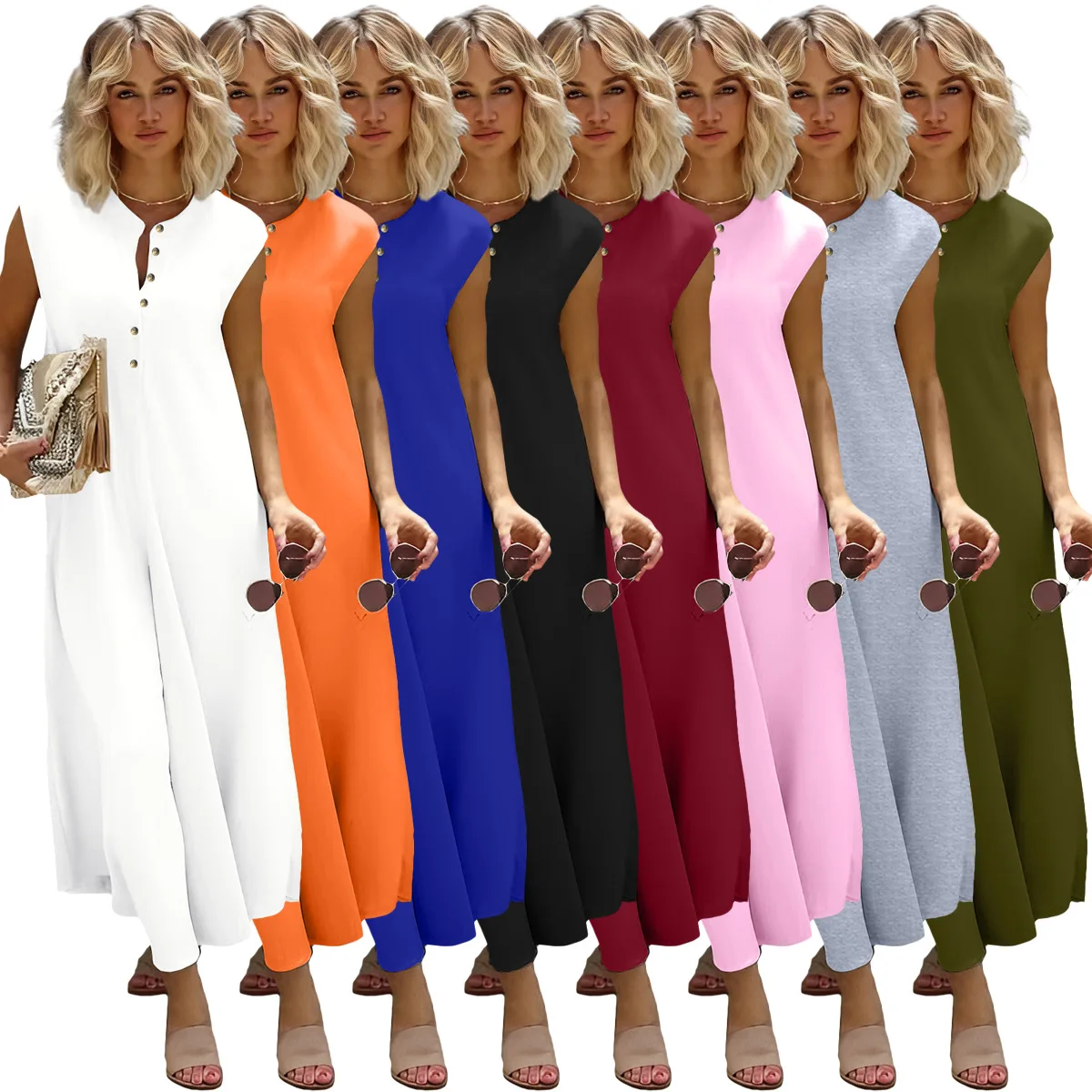 

Summer Loose Women Jumpsuit Fashion Button Solid Sleeveless Loose Wide Leg Casual Party Rompers Streetwear Overalls