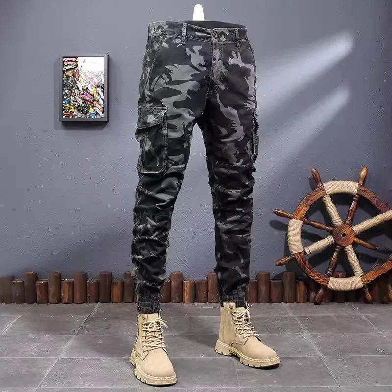Street Fashion Men Pants Stretch Slim Fit Camo Big Pocket Casual Cargo Pants Zipper Bottom Hip Hop Joggers
