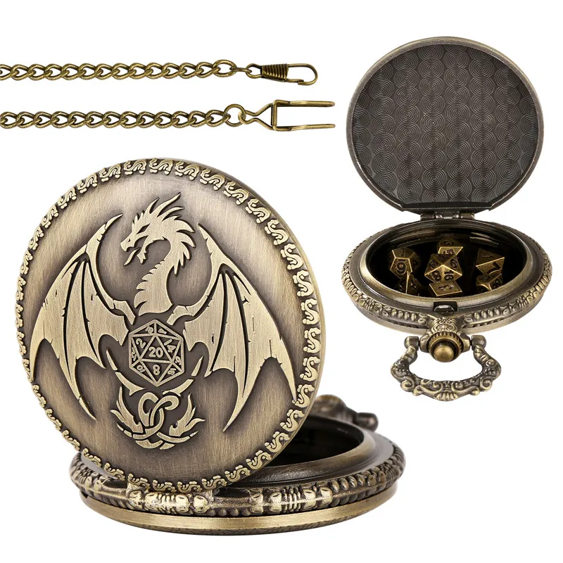 Vintage Drachen-Taschenuhr mit Kette und 7-teiligem Set Winziger Polyedrischer Metallwürfel für Rollenspiele und Gaming-Zubehör – Detail 3