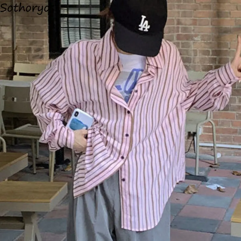

Striped Shirts Women Long Sleeve Spring All-match Loose Casual Ulzzang Streetwear Cozy Vintage Female Simple Popular New Sweet