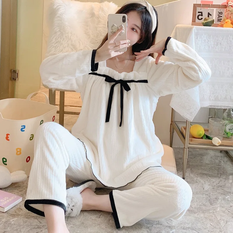 Women Pajamas Sets Winter Flannel Sleepwear Velvet Pyjama 2 Pieces Bow Print Pjs Warm Pijamas Mujer Female Loungewear Homewear