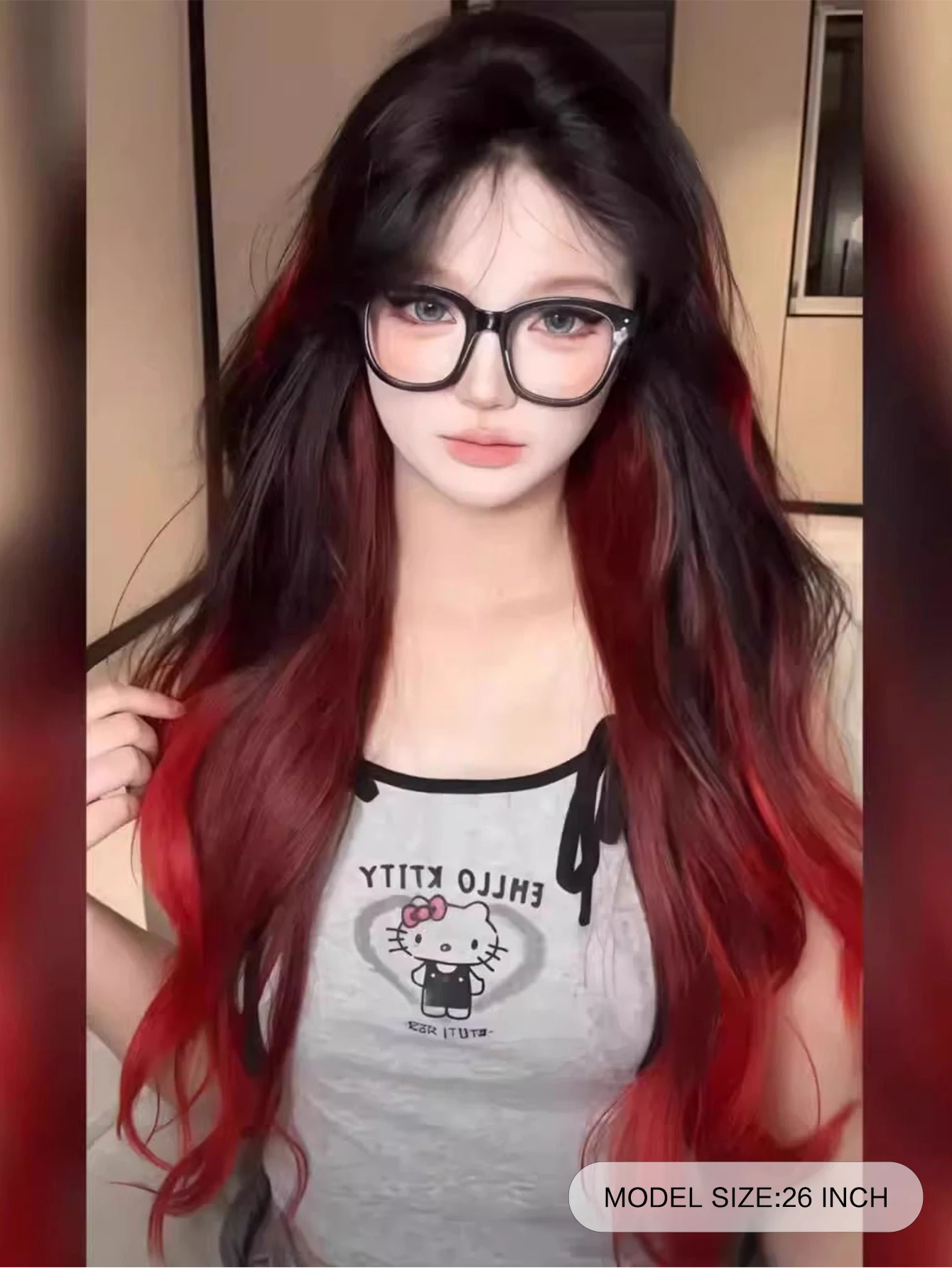 Synthetic Red Black Curly Wavy Lace Front Wig for Daily Cosplay