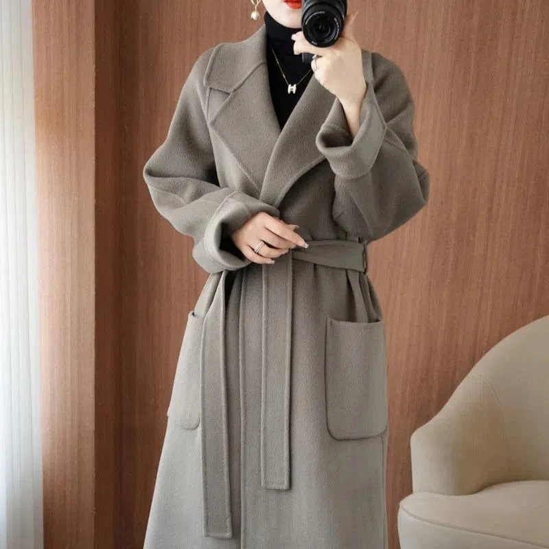 Autumn Winter Wool Coat Women's Solid Color Lapel Lace up Long Double