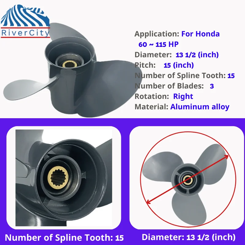 Boat Propeller 13 1/2x15 Aluminum Alloy Propeller 3 Blade 15 Spline For Honda 75HP 90HP 115HP 130HP Outboard Screw Boat Motor