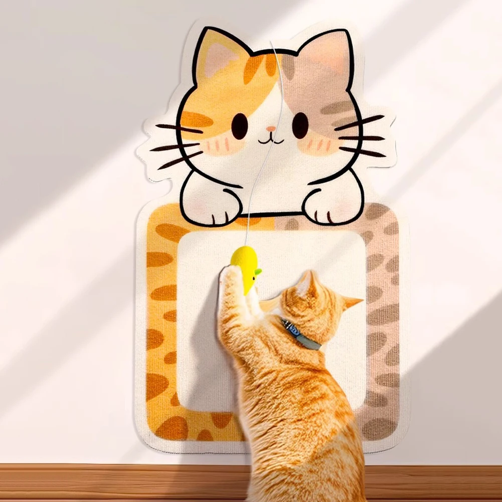 Wall Mounted Cat Scratcher Sofa Protector Cat Shape Felt Cat Scratcher Pad Self-Adhesive Clawing Mats with Mouse Cat Toy