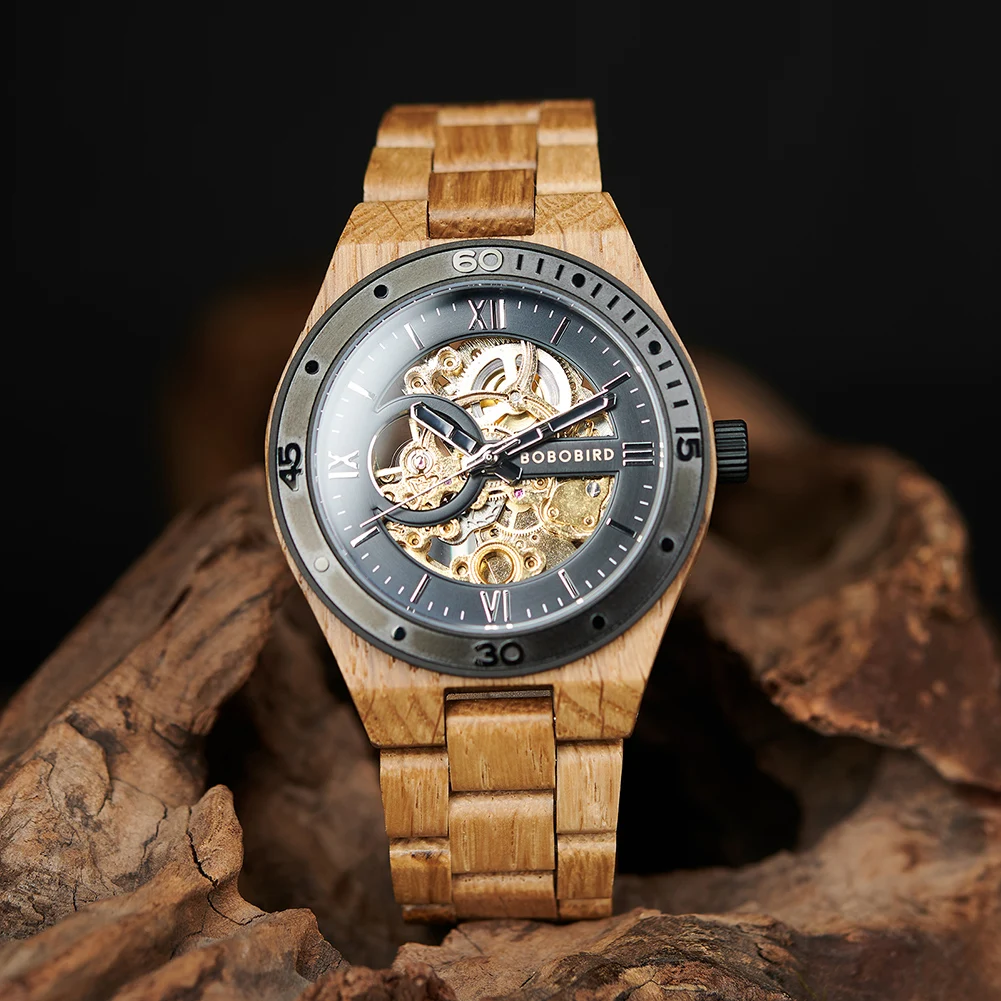 BOBO BIRD-Montre-bracelet en bois pour homme, montre mécanique automatique évidée, cadeau parfait pour la fête des pères, boîte en bois, nouvelle mode, 2023