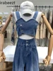 Summer Hot and Sweet Fashion Irregular Short Crop Halter + Two Buckle High Waist Loose Casual Wide Leg Pants Conjuntos De Jeans 2