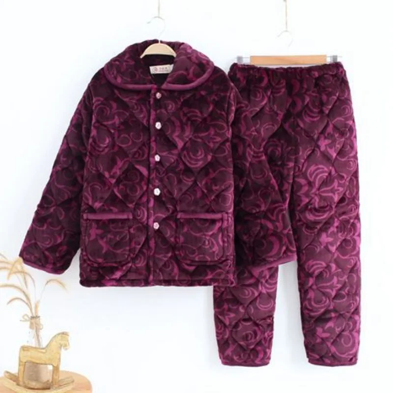 2023 New Autumn Winter Women Pajamas Three Layers of  Thickened Plush Cotton Coral Velvet Flannel Women Household Clothes Suit