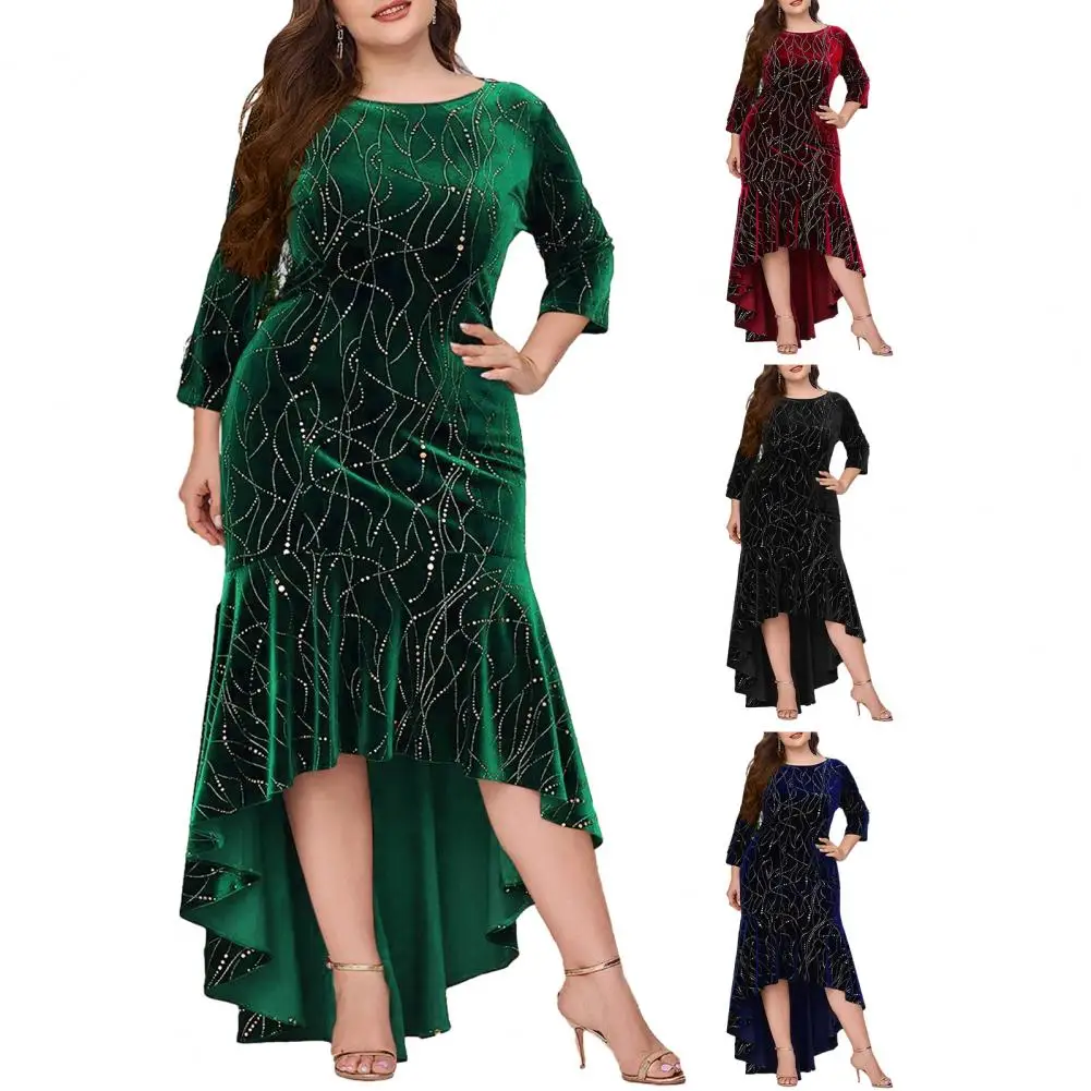 

Plus Size Velvet Autumn Glitter V-Neck Long Sleeve Dress Big Size Long Stretch Multicolor Velvet Sequin Evening Dress for Women