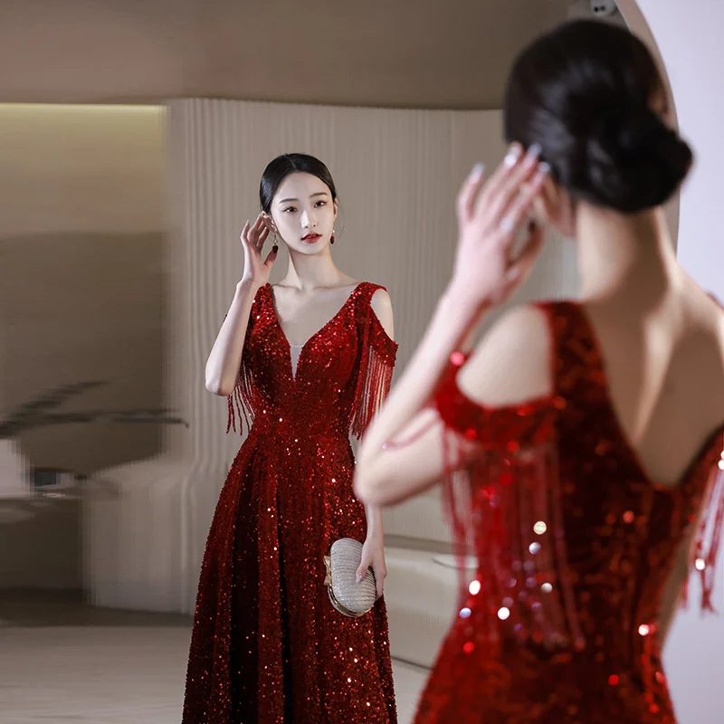 

Wine red bridal toast dress female 2022 new summer wedding engagement sequins dignified atmosphere evening dress skirt large