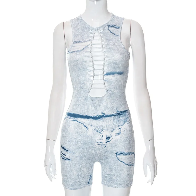 BKLD Fashion Women Clothing 2022 Autumn New Print Sleeveless Round Neck Hollow Out Bodycon Rompers Slim One-Pieces Shorts