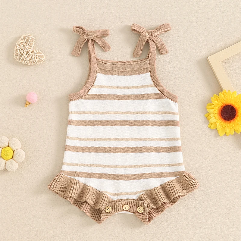 

Suefunskry Baby Girl Summer Romper Cute Sleeveless Bow Strap Ruffled Crotch Button Bodysuit Newborn Playsuit