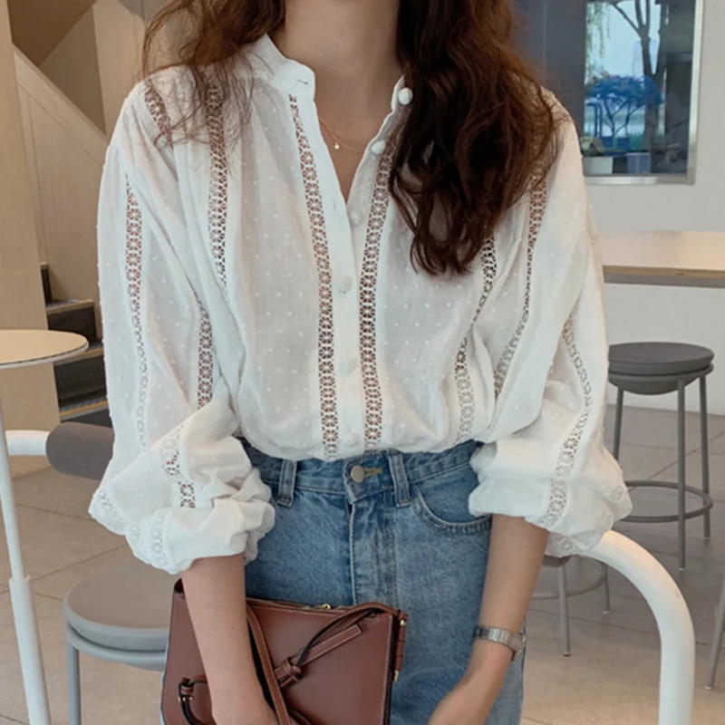 

Clothland Women Sweet White Blouse Hollow Out Lace Loose Style Shirt Summer Fashion Casual Tops Blusa Mujer LB121