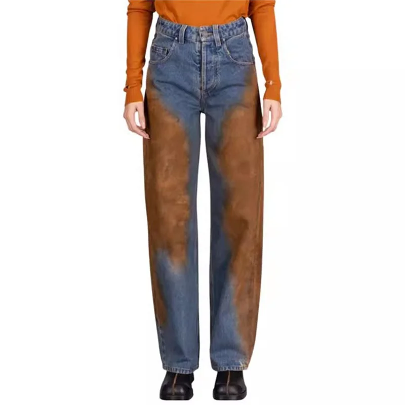 

Women's pants 2024 Spring New Retro tie dyeing women's jeans contrasting pure cotton straight leg pants Trousers free shipping
