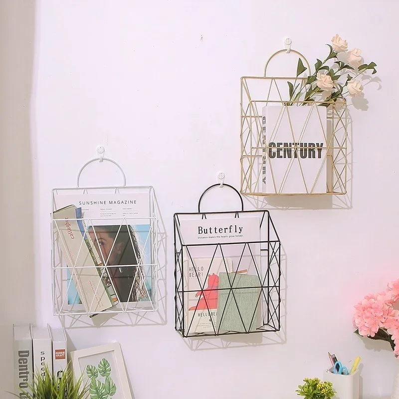 Nordic Style Newspaper And Magazine Racks Metal Iron Wall Hanging Holder Book Shelf Storage Organizer DIY Home Decoration