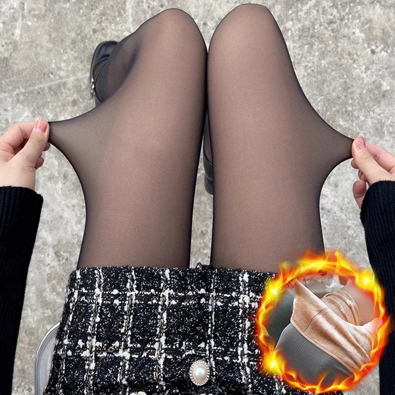 Thick Thermal Stockings Female High Waist Elastic Fleece Tights Woman Warm Winter Sexy Translucent Velvet Tights Pantyhose