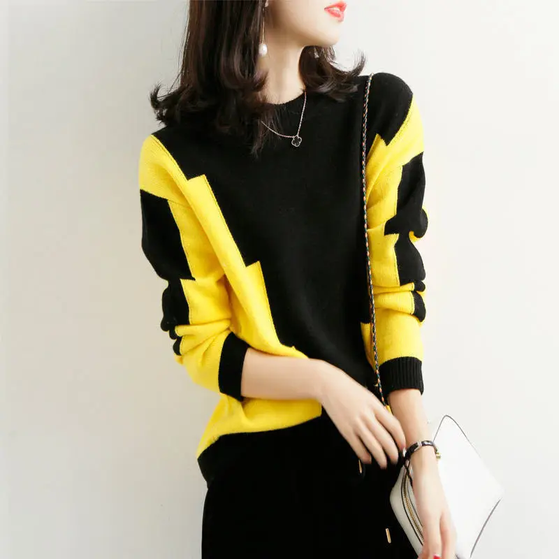 

Осень-зима 2022, женские свободные вязаные пуловеры, Женский плотный теплый свитер с круглым вырезом и длинным рукавом, Женский Повседневный джемпер в стиле пэчворк, K605