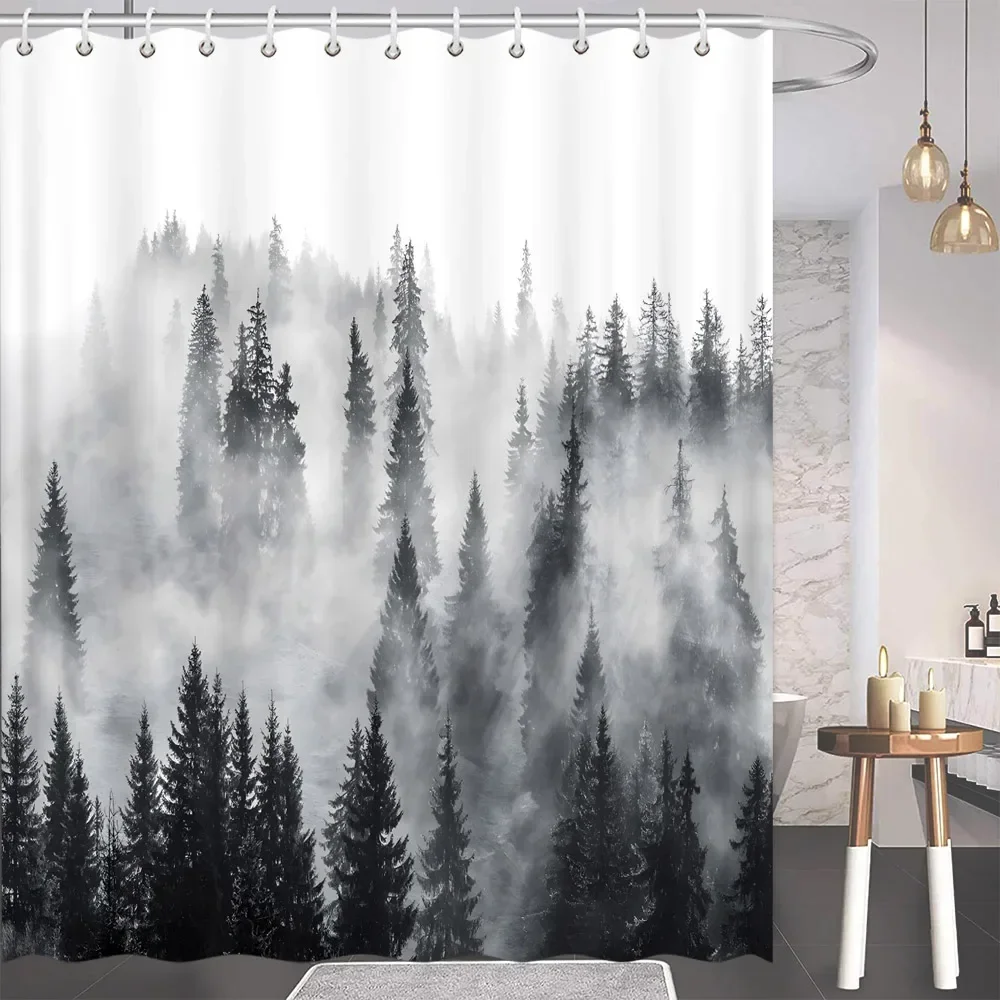 Shower Curtains Natural Bathroom Decor Shower Curtain Grey White Mountains Birds Pine Forest Landscape