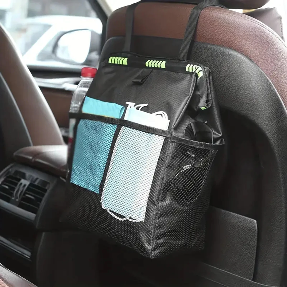 3.2-gallon large-capacity car hanging trash can with four storage bags Black car trash can storage bag Waterproof oxford cloth car storage bag car trash can car trash bag
