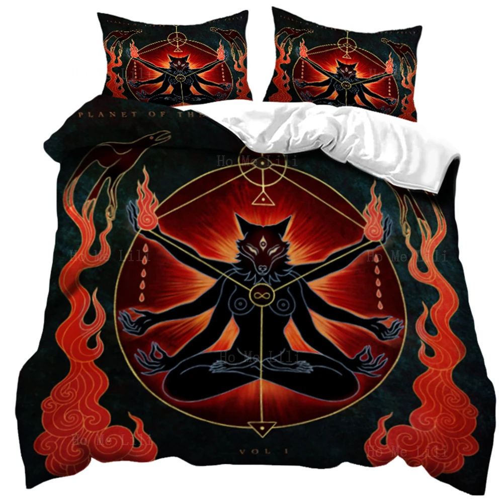 

Holy Fire Fantasy Wolf Visionary Art Gothic Occult Black Cat Golden Eyes Unique Sphinx Style Duvet Cover Bedding Decor