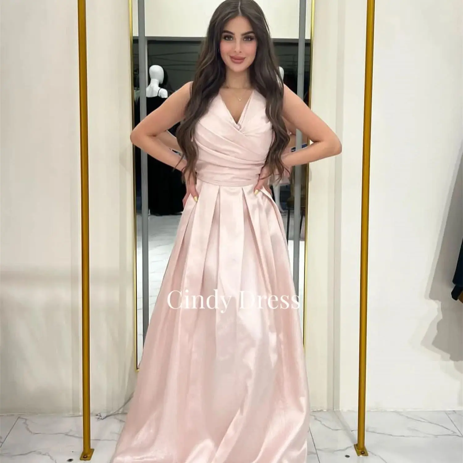 

Cindy Light Pink Party Dress Woman Long Wedding A-line Elegant Guest Saudi Arabia Women 2024 Satin Evening Grace V-neck Dresses