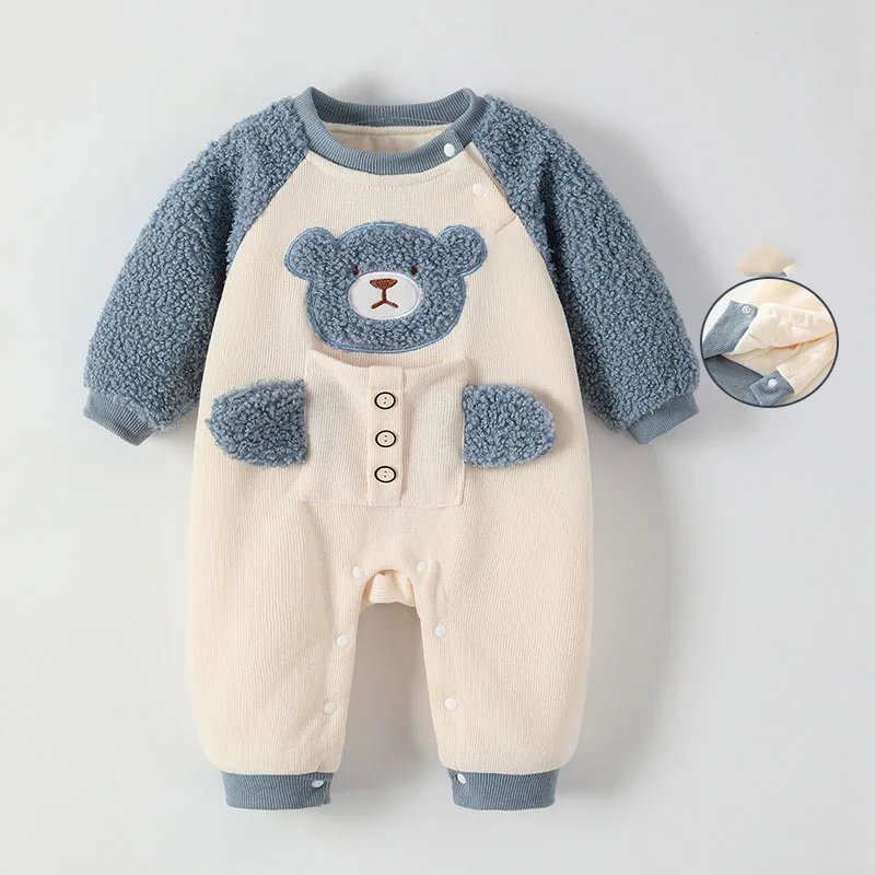 

2023 Autumn Winter Baby Boys Rompers Cotton Plus Velvet Hairy Warm Infant Boys Bodysuit Cartoon Bear Newborn Boys Outfits