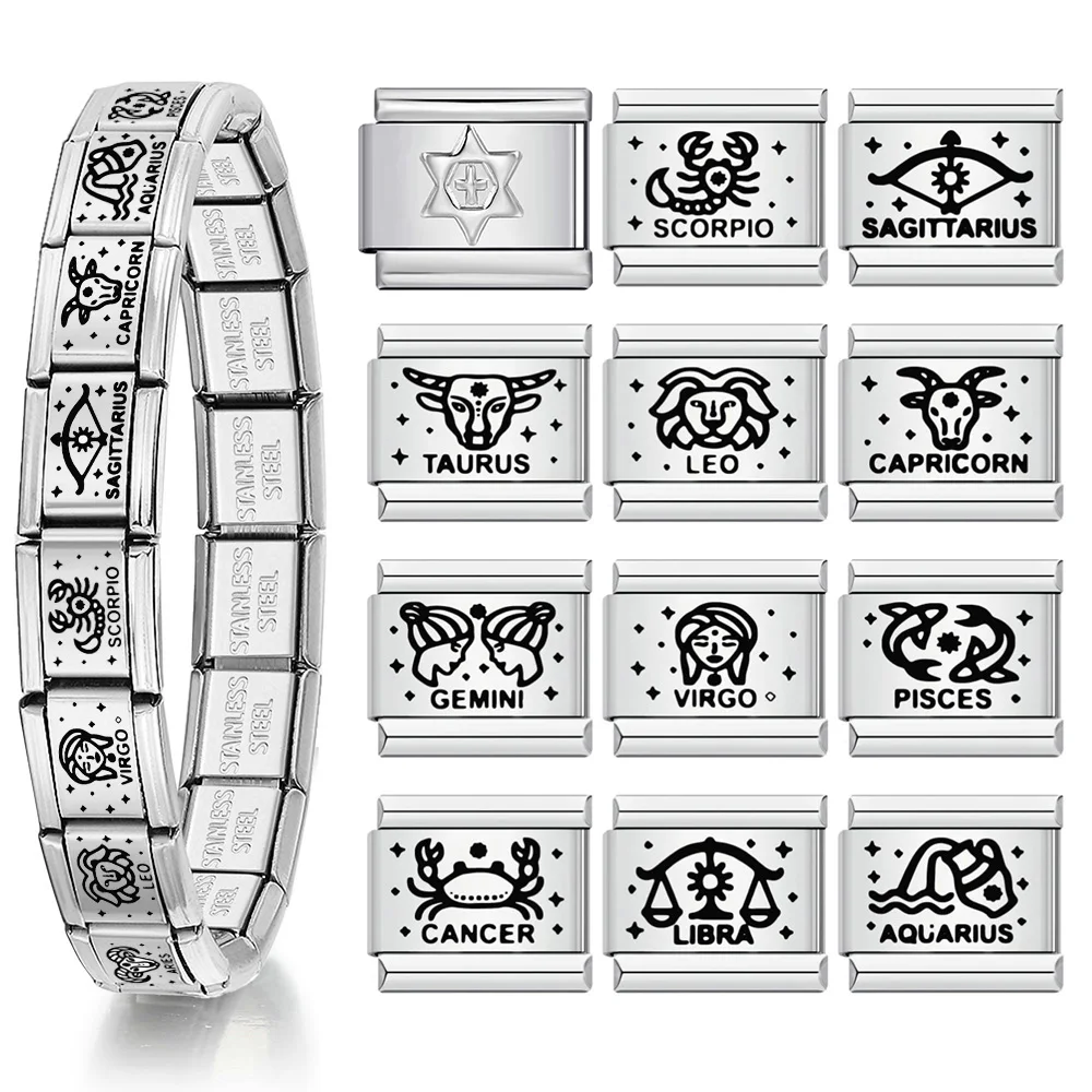 1pc Italienische Elastische Charms Links Fit Edelstahl 9mm Hand Kette Silber Farbe Trend Laser Konstellation DIY Schmuck machen