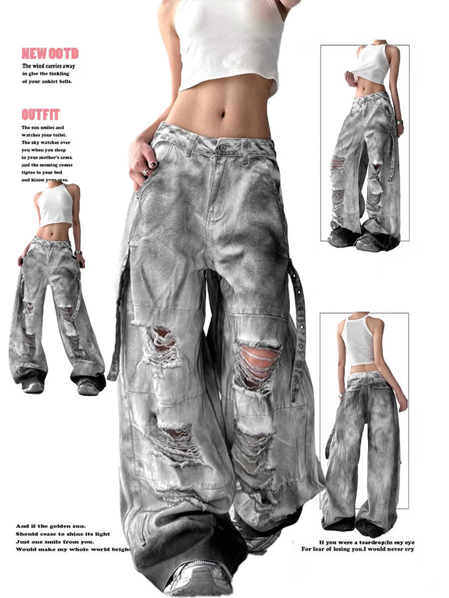 90s y2k vintage old sleeping wide pants Women White Y2k Ripped