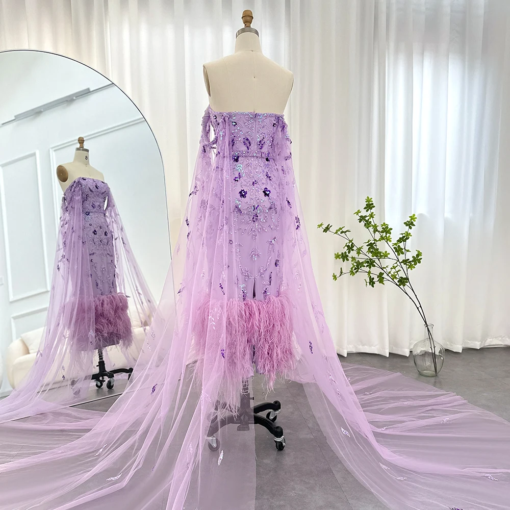 Sharon Said Dubai Luxury Feathers Lilac Evening Dress with Cape Sleeves Ankle Length Midi Arabic Women Wedding Party Gowns SS381