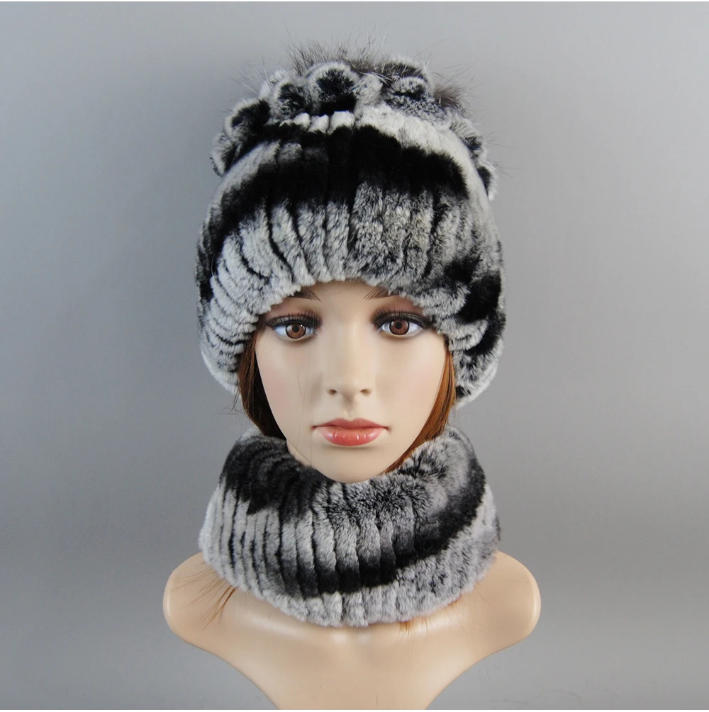 Real Rex Rabbit Fur Hat And Scarf Set Women Winter Knitted Beanie Hat Natural Fur Skullies Beanies Woman Hat Female Cap Elastic