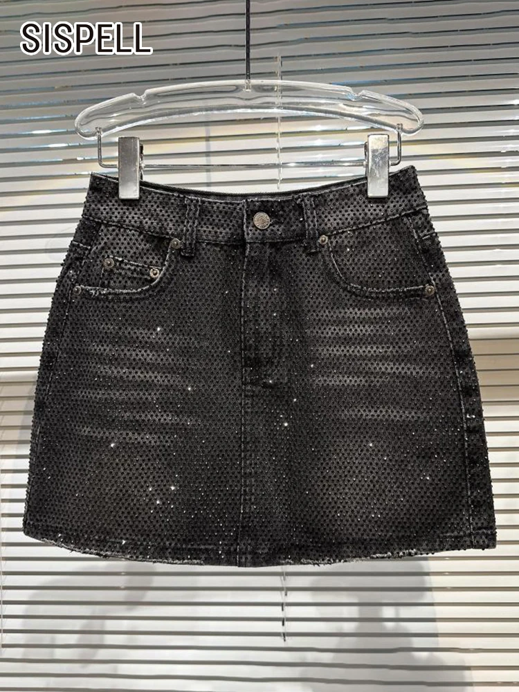 

SISPELL Patchwork Diamonds Denim Skirts For Women High Waist Single Button Mini Bodycon Skirt Female Summer 2023 New Clothing