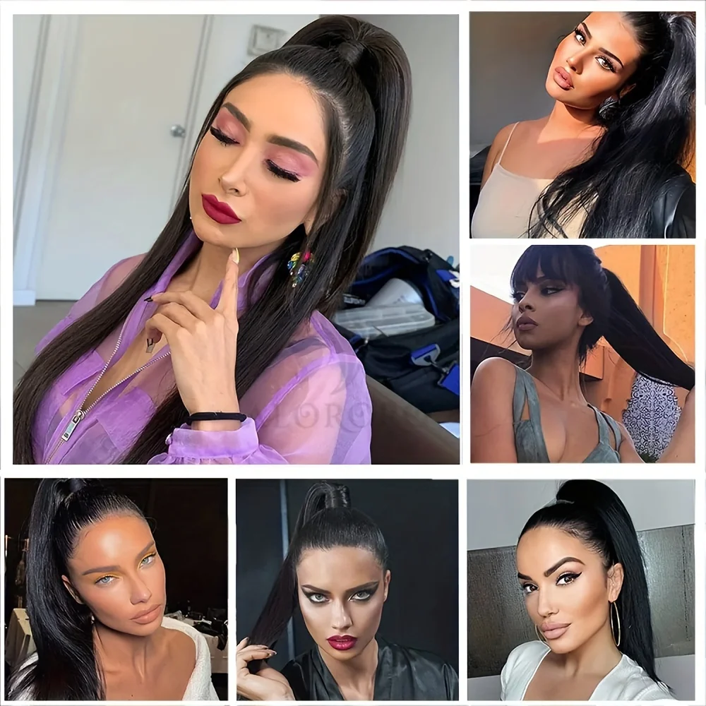 Ponytail Human Long Straight Hair Extensions Clip Ins