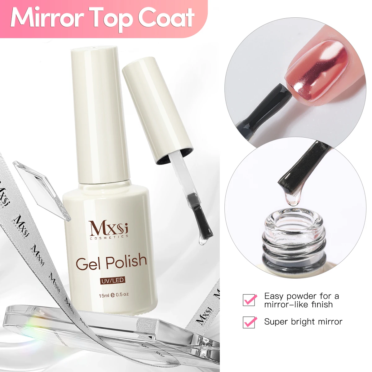 Mxsi 15ml Crystal Clear Rubber Base Gel Nail Polish Glitter Semi-Permanent Varnish Basecoat Self Leveling UV LED Top Coat Gel