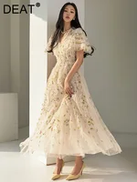 فستان حفلات نسائي بخصر عالٍ ، شاش أنيق ، كشكشة ، أكمام قصيرة ، تطريز زهور ، موضة ، جديد ، ربيع ، أو 13DB5099 1