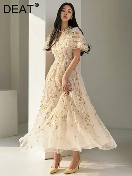 فستان حفلات نسائي بخصر عالٍ ، شاش أنيق ، كشكشة ، أكمام قصيرة ، تطريز زهور ، موضة ، جديد ، ربيع ، أو 13DB5099 1