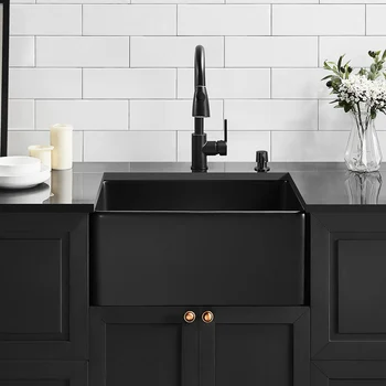 อ่างล้างจานเซรามิกสีดำทันสมัยขนาด 24 นิ้ว อ่างล้างหน้าแบบติดตั้งใต้เคาน์เตอร์สำหรับห้องครัวหรือห้องน้ำ อ่างล้างหน้าแบบชามเดี่ยวสไตล์ฟาร์มเฮาส์ 1