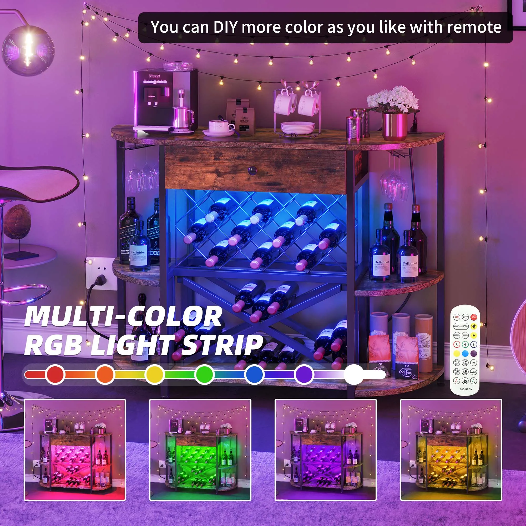 3 Tier Coffee Bar Wine Cabinet with LED Lights & Power Outlets Liquor Wine Rack