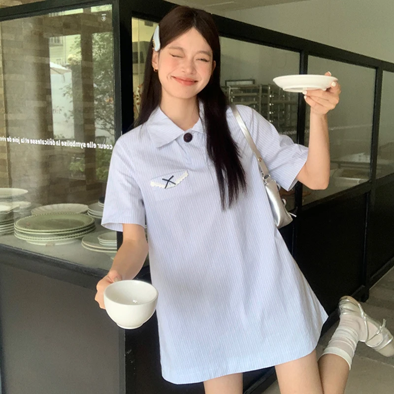 

Женское платье-рубашка в полоску, повседневное короткое платье с отложным воротником и пуговицами, Новинка лета 2024